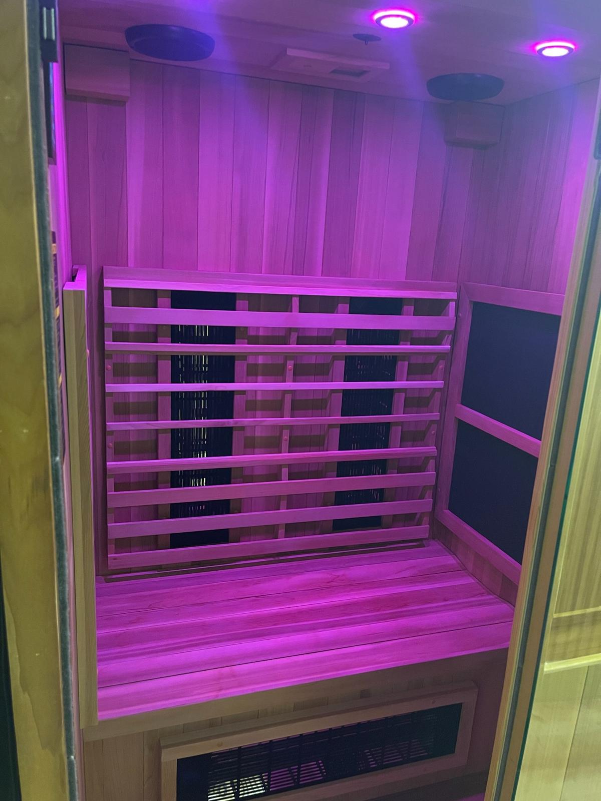Inside ReSet’s wood-lined infrared sauna